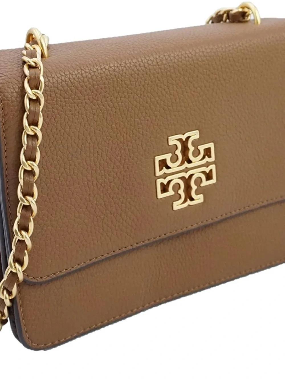 Tory Burch Tan Pebbled Leather Chain Crossbody with Gold Logo